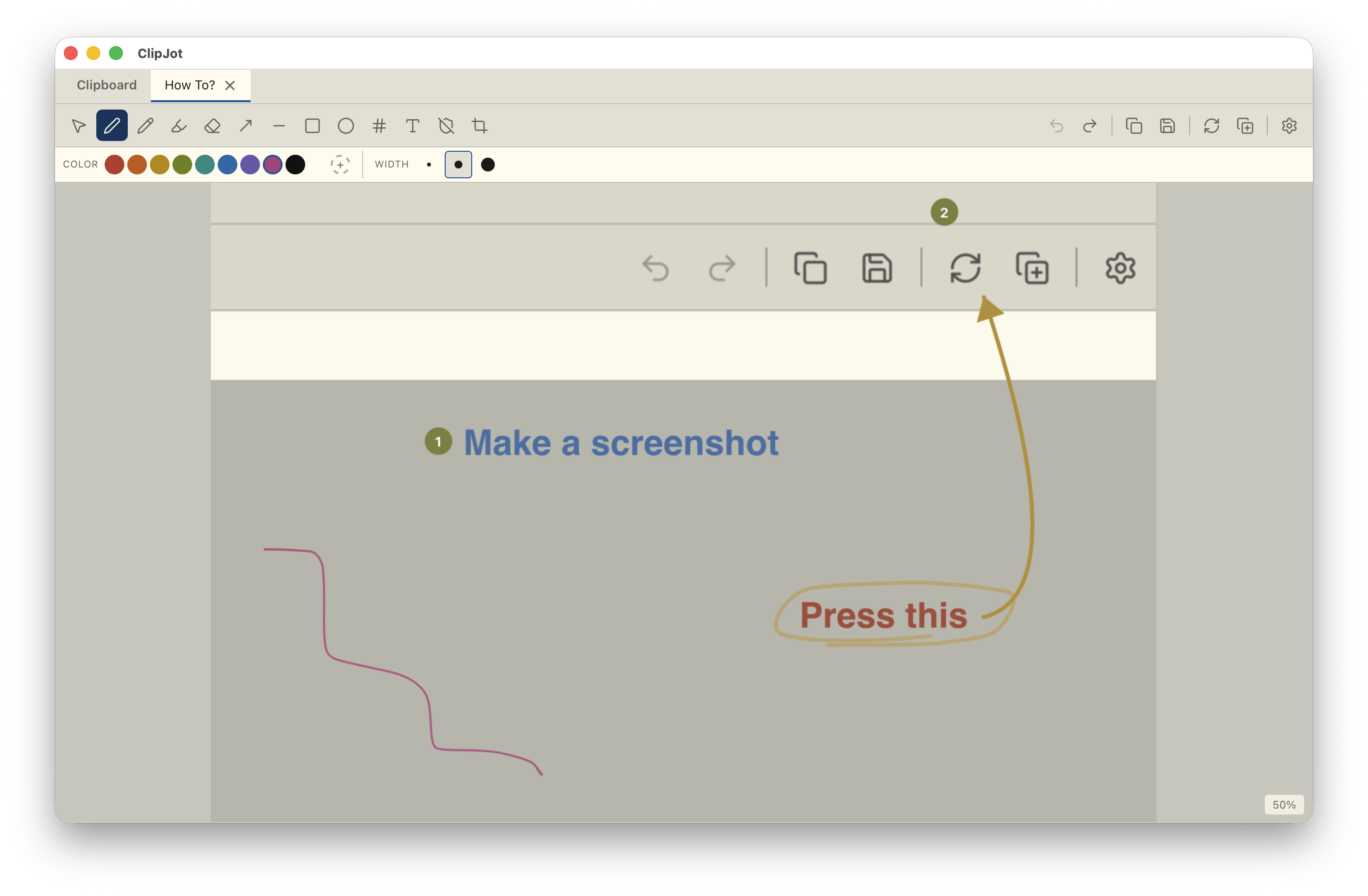 ClipJot app — annotating a screenshot with arrows and text